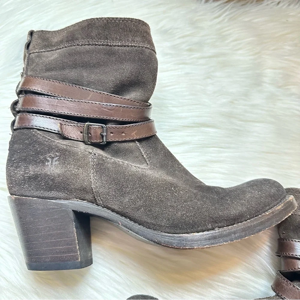 Frye Jane Strappy Oiled Suede Leather Heeled Short Boot Brown Women Size 5 1/2